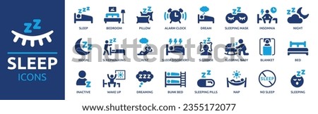 Sleep icon set. Containing sleeping, bedroom, dream, pillow, bed, alarm clock, insomnia, night, rest and sleep disorders icons. Solid icon collection. Vector illustration. Royalty-Free Stock Photo #2355172077