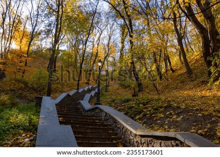 Stairs in autumn city park, autumn colors, nature and peace, fall Royalty-Free Stock Photo #2355173601