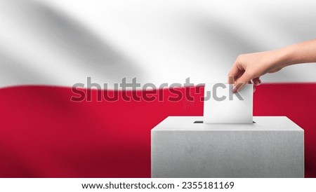 Woman puts ballot paper in voting box on POLAND flag background. Election concept. Royalty-Free Stock Photo #2355181169