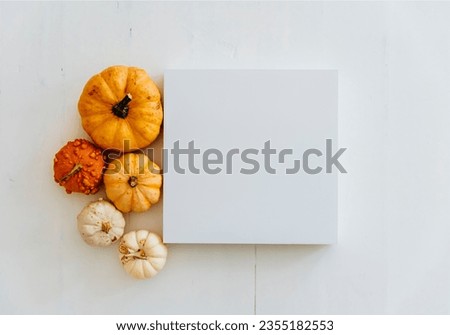 Empty picture frame with autumn pumpkin decor on white wooden floor. Thanksgiving minimal flat lay podium background. Halloween table top view. Flat lay.
