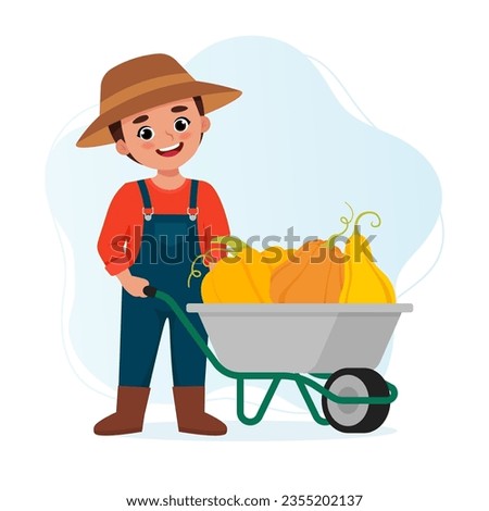 Cute happy kid harvesting pumpkins, a boy with a wheelbarrow. Autumn season. Vector illustration in flat style Royalty-Free Stock Photo #2355202137