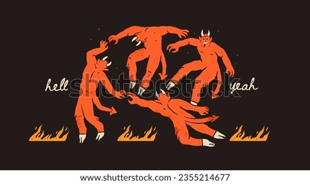 Dancing red devils walking around. Demon, devil or satan with horns and hoofs. Fire, hell yeah text. Hand drawn Vector illustration. Pre made print or card. Halloween, spooky, horror, mystery concept Royalty-Free Stock Photo #2355214677