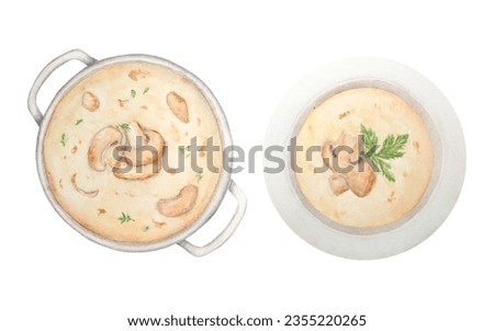 Watercolor hand drawn illustration of mushroom soup. Champignon kremb sauce with green parsley in pot and plate. Clip art for cooking book, menu, restaurants, cafe. Painting for lable, packing