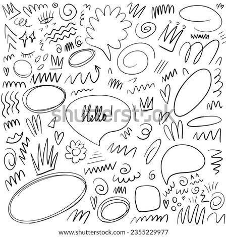 Doodle set of hand drawn speech bubbles and different elements. Vector set of doodle shapes and elements.