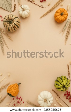Creative top view, flat lay autumn composition. Frame made of pumpkins, dried flowers and grass on pastel background with copy space. Fall, thanksgiving, halloween invitation card template