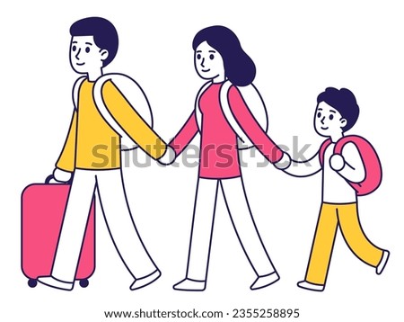 Cartoon family traveling, two parents and child with backpacks and suitcase. Immigration vector illustration, modern stylized flat style.