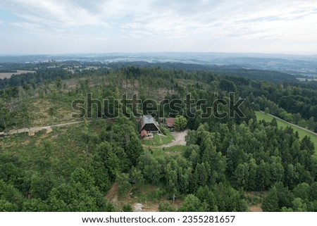 Cerinek hill top and skiing slope in the summer time, by Jihlava town,Vysocina region,Bohemia,Czech republic, aerial panorama landscape view of recreational area in Kremesnicka vrchovina