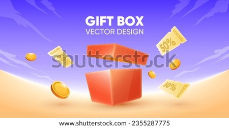 Vector opens gift box with discount card and coins flying around Royalty-Free Stock Photo #2355287775