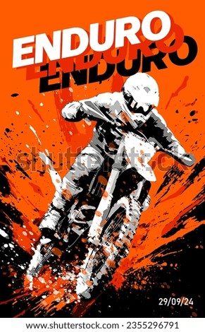 Enduro competition poster with rider going through mud trail, grunge background. Vector illustration Royalty-Free Stock Photo #2355296791