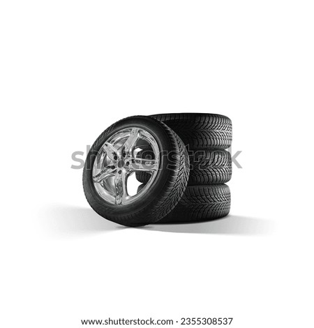Car tires with a great profile and shiny chrome alloy wheels on isolated white Background.  Set of summer or winter tyres in front of white fond. Royalty-Free Stock Photo #2355308537