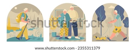 Set of adult couple traveling. Adult woman walking with backpack and trekking sticks. Male walking outside with dog. Active and healthy lifestyle concept. Flat vector illustration in cartoon style