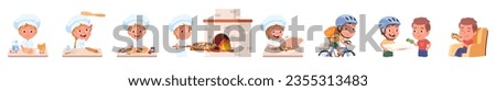 Pizza cooking, delivery, eating sequence set. Chef cook kid person making dough, baking, packing pizza food. Delivery man delivering order to client. Catering service concept flat vector illustration