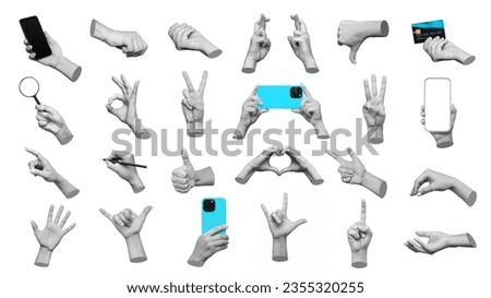 Set of 3d hands showing gestures ok, peace, thumb up, dislike, point to object, holding magnifier, mobile phone, bank card,writing on white background. Contemporary art,creative collage. Modern design