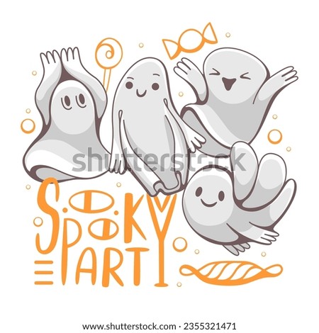 Vector illustration on Halloween theme with cute ghosts and lettering.