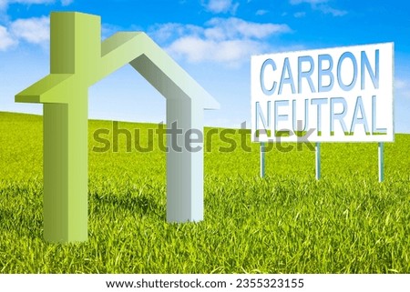 CO2 Carbon Neutral concept in construction industry and building activity with green home icon against a natural landscape and adversiting billboard - 3D rendering Royalty-Free Stock Photo #2355323155