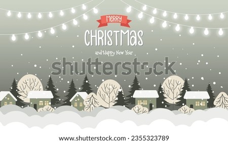 Christmas village landscape illustration with cute houses, fir trees and garlands with lights. Illustration with lettering in flat style. Vector