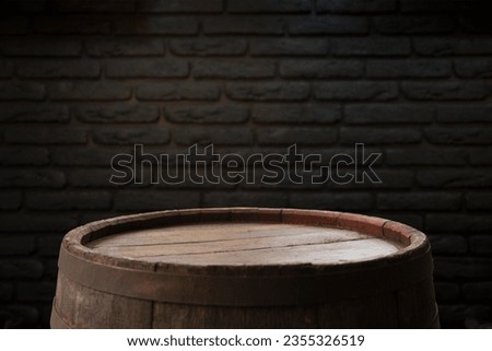 background of barrel and worn old table of wood. High quality photo Royalty-Free Stock Photo #2355326519