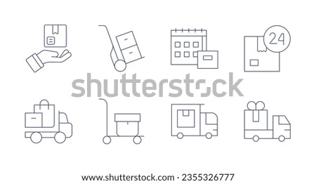 Delivery icons. Editable stroke. Containing delivery box, trolley, day, delivery package, truck.