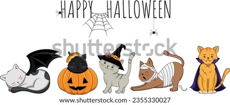 Halloween Cats Costume Party. Illustration of group of cats in Halloween costumes.