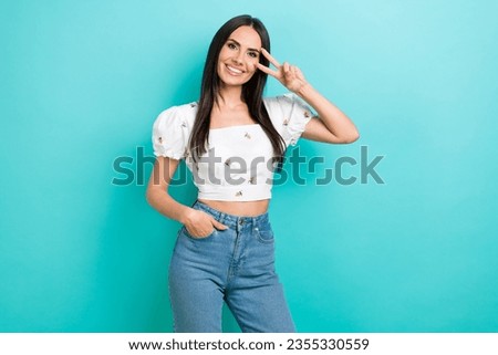 Photo portrait collage artwork of optimistic nice woman adorable show okey sign cover face model isolated on cyan color background
