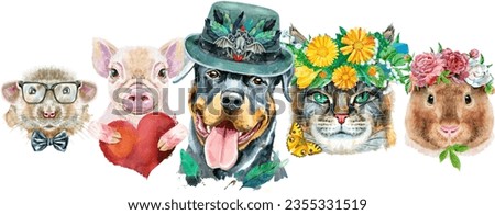 Pets border. Hand painted watercolour drawing, isolate clip art on white background. Banner design