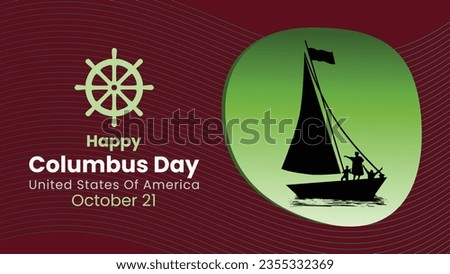 Happy columbus day banner on wheel boat and line wave