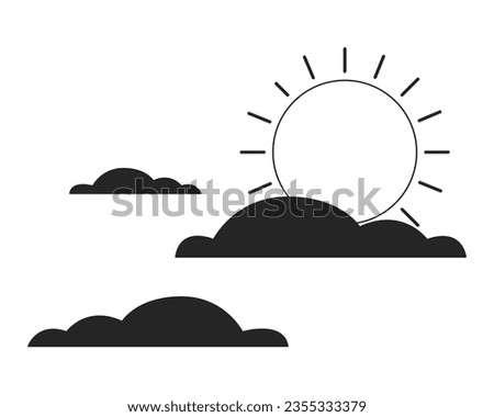 Rising sun clouds flat monochrome isolated conceptual clipart. Weather forecast. Cloudy summer. Editable black and white line vector object. Simple outline spot illustration for web graphic design