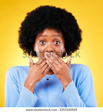 Surprise, hands on mouth and portrait of a woman in studio with news, shock and wow. Face of a black person on a yellow background for announcement, gossip and facial emoji for secret or speechless