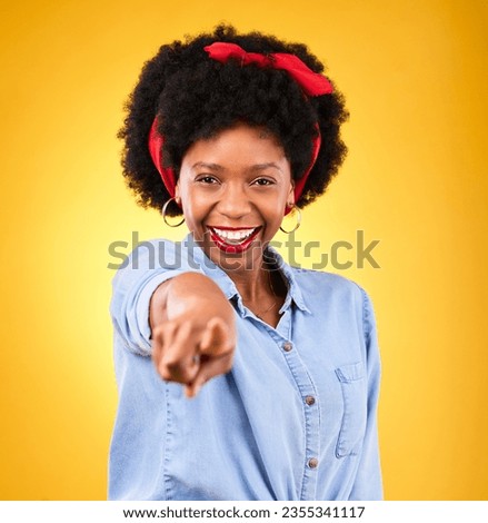 Hand pointing, portrait and black woman in studio with choice, you or selection on yellow background. Face, happy and African female model with emoji hand for vote, decision or attention with a smile