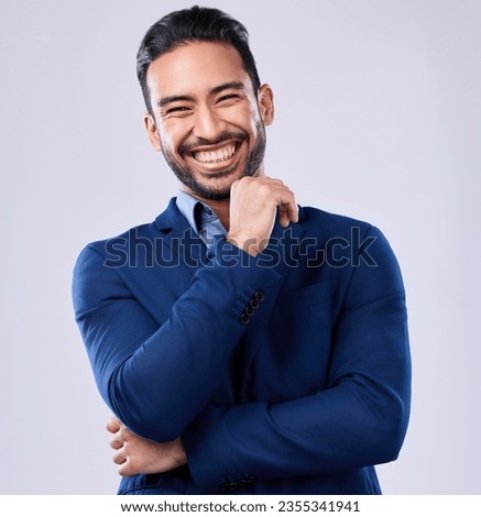 Happy, studio portrait or professional man, real estate agent or Asian businessman smile for career, work or business job. Corporate profile picture, happiness or friendly realtor on white background Royalty-Free Stock Photo #2355341941