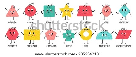 Vector basic geometric figures with face. Trendy different geometric shape characters. Cute funny smiling shape characters for teaching kids and children. Design for school and kindergarten learning. Royalty-Free Stock Photo #2355342131