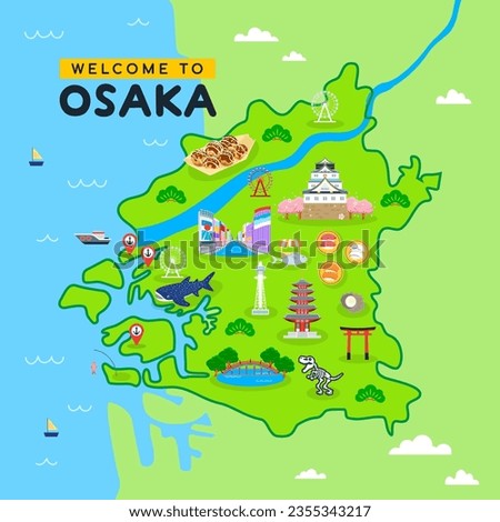 Japan Osaka map vector illustration. Welcome to Osaka. Beautiful tourist attraction
