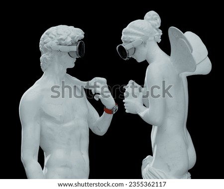 Concept futuristic illustration from 3D rendering of classical head sculpture with black virtual reality headset isolated on background