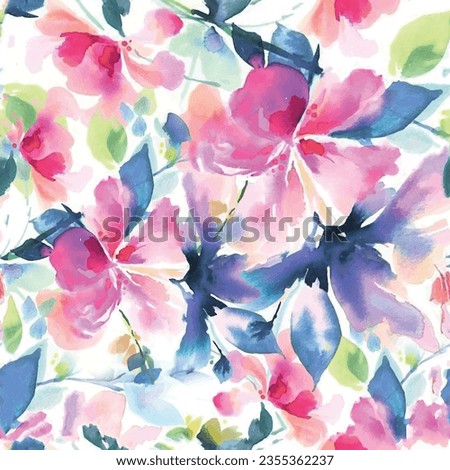 Seamless floral pattern with watercolor textured flower or leaf background in pink, blue and green. Flower garden design vector for textile digital printing