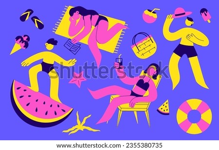 Summer beach cartoon people performing summer outdoor activities at the beach on blue background