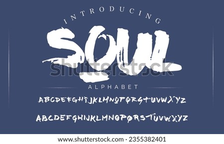 Soul Lettering font isolated on black background. Texture alphabet in street art and graffiti style. Grunge and dirty effect.  Vector brush letters. Royalty-Free Stock Photo #2355382401