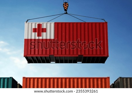 Freight containers with Tonga flag, clouds background Royalty-Free Stock Photo #2355393261