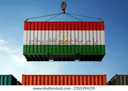 Freight containers with Tajikistan flag, clouds background
