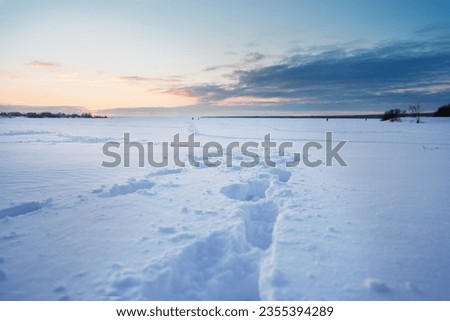 Ice crossing on a frozen water body after a snowfall.  A trail of pedestrian footprints in deep snow in the setting sun, going to the horizon. Copy space.                               