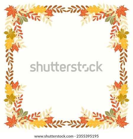 Clip art of hand drawn square wreath of Autumn leaves on isolated background. Floral frame for Autumn harvest, Thanksgiving, Halloween and seasonal celebration, textile, scrapbooking, paper crafts