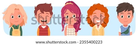 Happy cute boys, girls kids portraits set. Beautiful children persons having different hair styles smiling, laughing, posing. Childhood fashion, face expression flat vector illustration collection