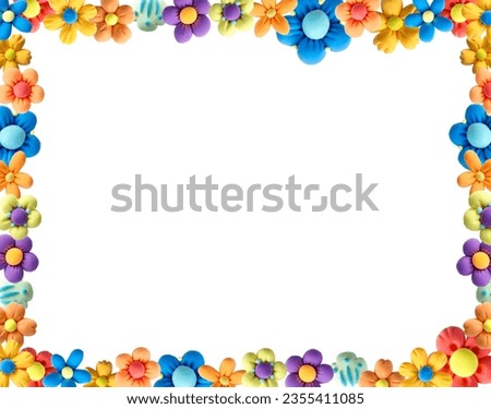 Bright background frame with white background. Pastel Flowers made of soft plasticine. Isolated gorizontal illustration