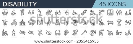 Set of 45 outline icons related to disability, disabled people. Linear icon collection. Editable stroke. Vector illustration Royalty-Free Stock Photo #2355415955