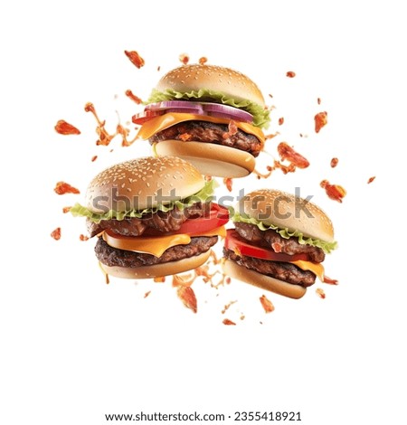 Grill burger, realistic 3d burgers falling in the air, grilled meat collection, ultra realistic, icon, falling, flying, detailed, angle view food photo, burger composition Royalty-Free Stock Photo #2355418921