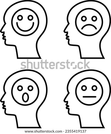  Smiling, Sad, Wow and Expressionless Emoji Inside Outline Human Head Shape Design Element Illustration