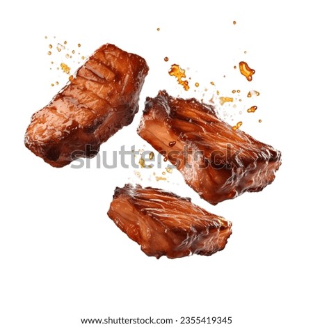 Grill Pork Chops Beef steaks, realistic 3d brisket flying in the air, grilled meat collection, ultra realistic, icon, detailed, angle view food photo, steak composition Royalty-Free Stock Photo #2355419345