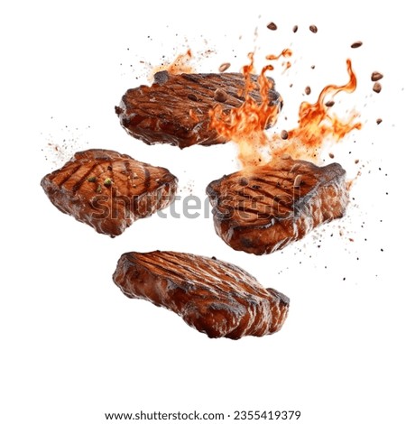 Grill Pork Chops Beef steaks, realistic 3d brisket flying in the air, grilled meat collection, ultra realistic, icon, detailed, angle view food photo, steak composition Royalty-Free Stock Photo #2355419379