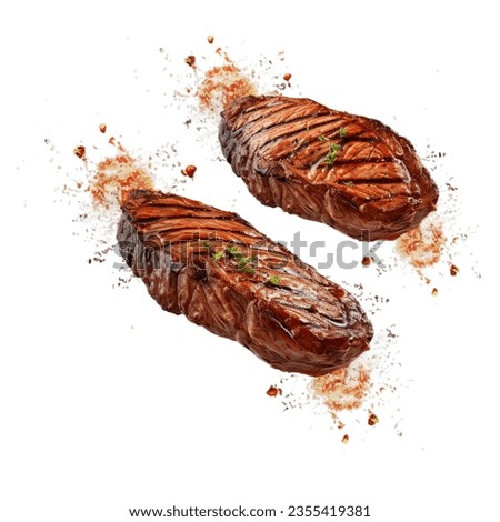 Grill Pork Chops Beef steaks, realistic 3d brisket flying in the air, grilled meat collection, ultra realistic, icon, detailed, angle view food photo, steak composition Royalty-Free Stock Photo #2355419381