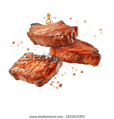 Grill Pork Chops Beef steaks, realistic 3d brisket flying in the air, grilled meat collection, ultra realistic, icon, detailed, angle view food photo, steak composition
