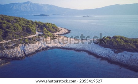 Aerial image of beautiful cape Raznjic on Korcula island most eastern point, Croatia during early morning hours